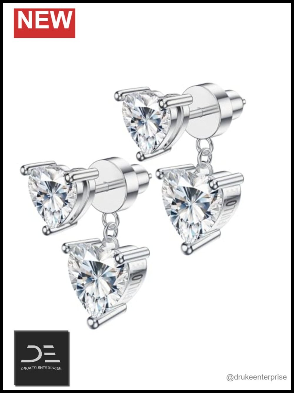 Sterling Silver Moissanite Heart Stud Earrings with Detachable Drop Pendants
